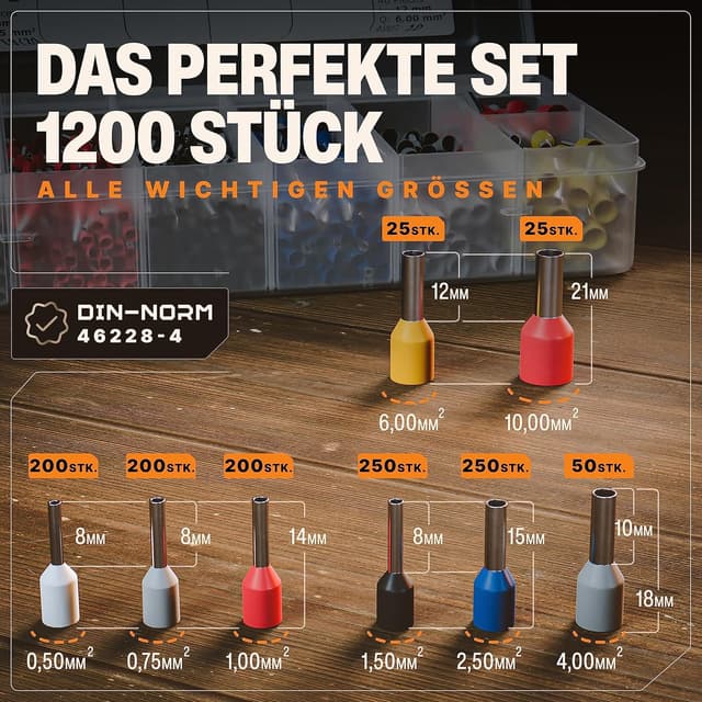 Detalle 2 de BAURIX® Aderendhülsen Set (1200 Stück) isoliert 0,5–10 mm², farbcodiert nach DIN 46228-4
