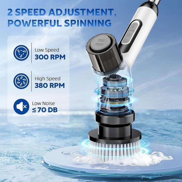 Detalle de FYDEE Brosse de nettoyage électrique rotative sans fil IPX7, manche télescopique et 7 têtes interchangeables
