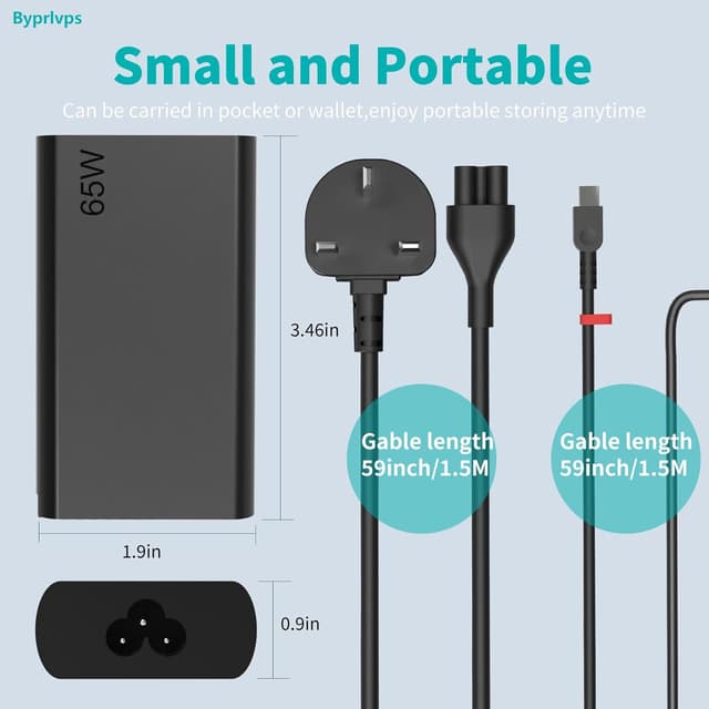 Detalle 2 de Byprlvps New Slim 65W USB-C Laptop Charger (USB Type-C PD) for Lenovo ThinkPad/Yoga and more