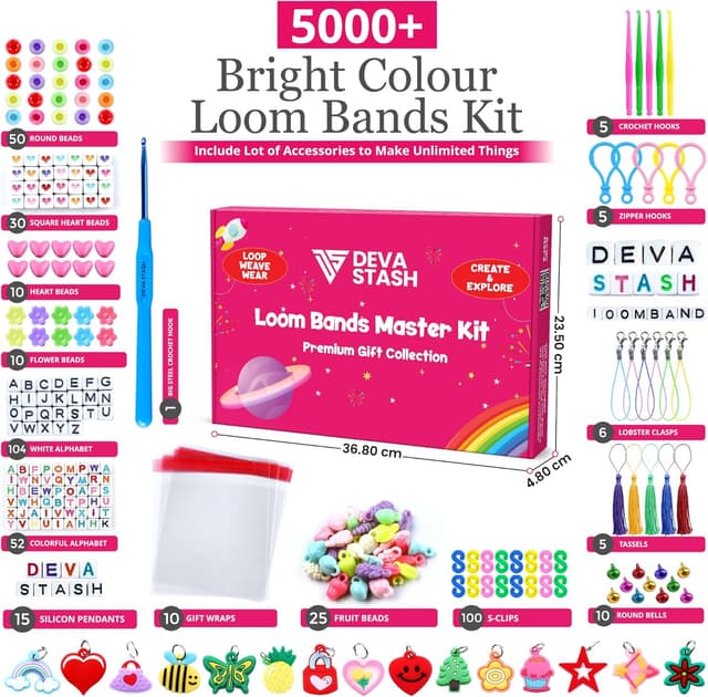 Detalle de DEVA Stash Loom Bands Kit (20 Colours) – DIY friendship bracelet making set with clips, charms and refills
