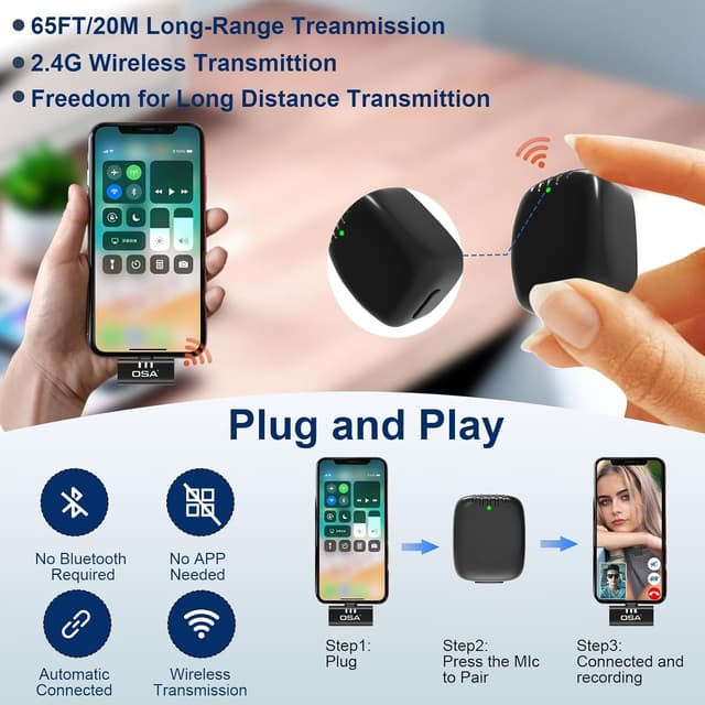 Detalle 2 de OSA Lavalier Inalámbrico para iPhone 🎙️ con Cancelación de Ruido