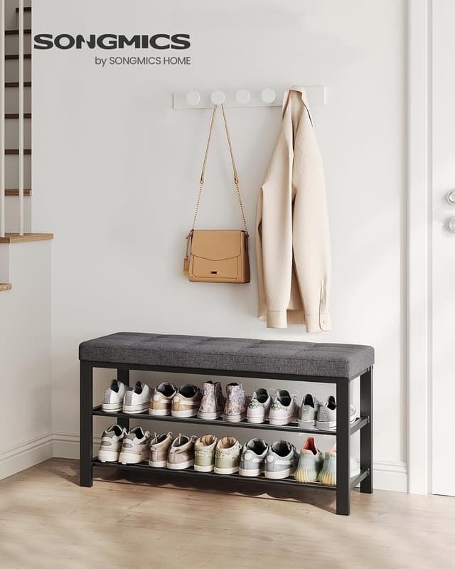 Detalle de SONGMICS Panca scarpiera con sedile imbottito e scaffale a 3 ripiani LBS579B01 (grigio scuro e nero)
