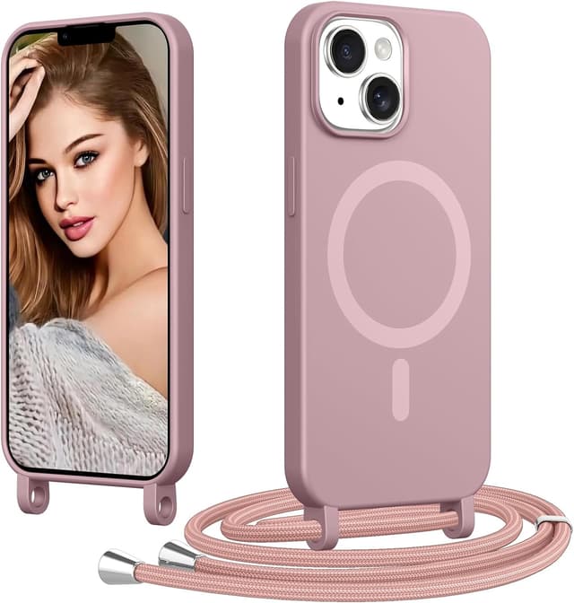 Detalle de Custodia magnetica Coiwxmoi per iPhone 15 Plus con cordino regolabile e compatibilità MagSafe, rosa