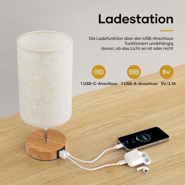 Detalle de Suright Touch-dimmbare LED-Nachttischlampe im 2er-Set mit USB-A & USB-C