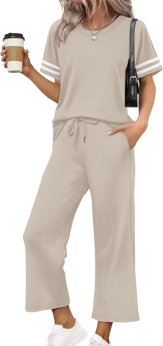 Detalle de WIHOLL Two-Piece Lounge Set for Women: Striped Short-Sleeve Top & Wide-Leg Pants