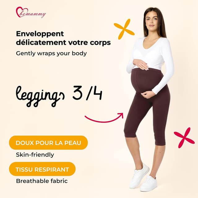 Detalle de Be Mammy Leggings de maternité 3/4 en coton taille haute BE20-229