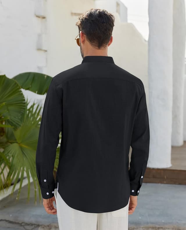Detalle 2 de J.VER Leinenhemd Herren Langarm Stehkragen mit Tasche – Regular Fit für Sommer & Freizeit