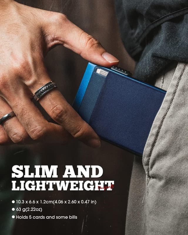 Detalle 2 de DUGRAFT Men’s Pop-Up Credit Card Holder Wallet – Slim RFID Blocking Aluminium Metal with Coin Pocket, Navy