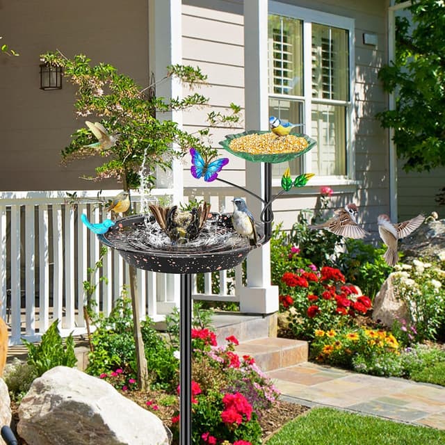 Detalle de KHayRovies Vogeltränke & Futterstelle stehend für außen aus Metall mit 5-Zinken-Basis (schwarz)