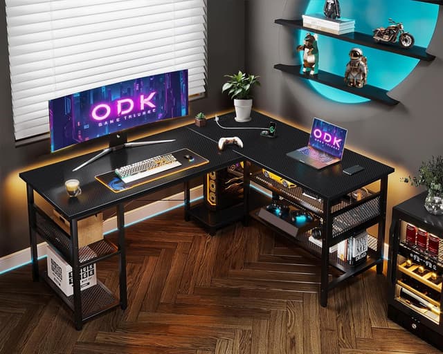 Detalle 2 de ODK Gaming Tisch (Eckschreibtisch) 150×102 cm – reversibel mit 2 Steckdosen & 2 USB-Ladeanschlüssen