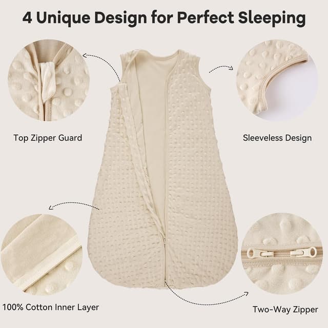 Detalle de Unnivoll Baby Sleeping Bag 1.5 Tog with Plush Dots (2 Pack) – Wearable Sleep Sack for 12–18 Months, Coffee