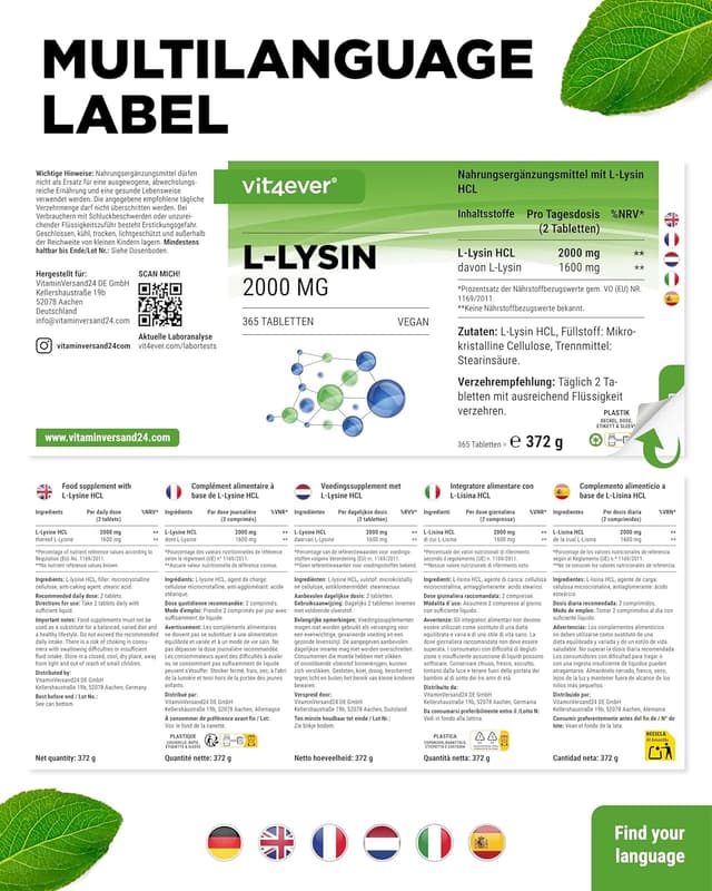 Detalle 2 de L-Lysin 2000 mg (365 Tabletten) – L-Lysin HCL aus pflanzlicher Fermentation, vegan