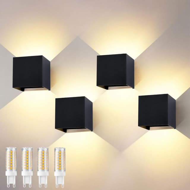 Detalle de Wisdom Line applique da parete interno/esterno 4 pezzi 9W 3000K bianco caldo IP65 con angolo regolabile 0-120° (nero)