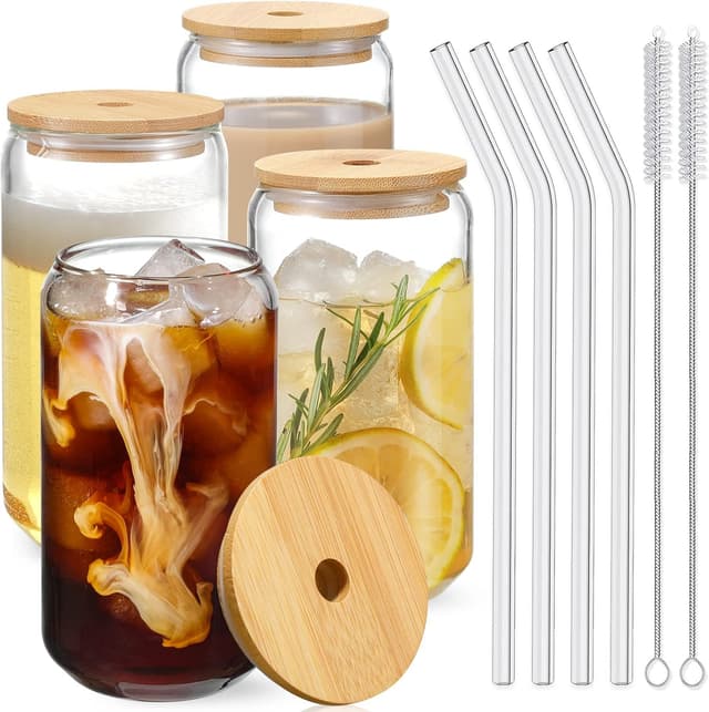Imagen de Drinking Glasses 16 oz with Bamboo Lids 🥛 en OfertitasTOP