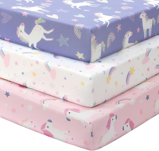 Detalle de FIEMOL Baby-Spannbettlaken 70x140 cm (3er-Set) Mikrofaser – lila Regenbogen