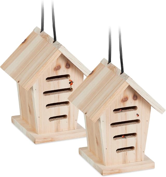 Detalle de Relaxdays Hôtel à Insectes en bois non traité (lot de 2) pour coccinelles, à suspendre dans le jardin