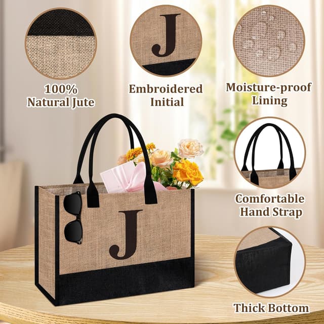 Detalle de Initial Jute Tote Bag & Makeup Bag Set – personalised birthday gift for her (tote + matching pouch)