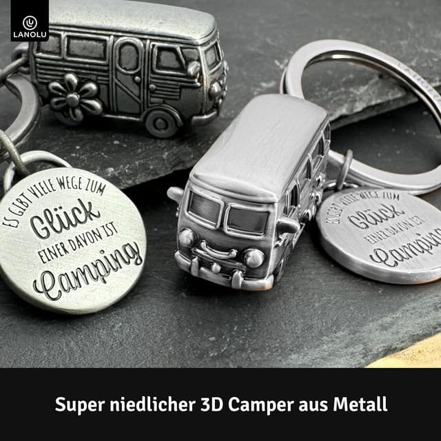 Detalle de LANOLU Schlüsselanhänger „Camping Glück“ – 3D Wohnwagen-/Wohnmobil-Anhänger aus Metall als Camper-Geschenk