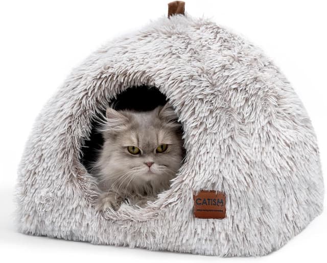 Detalle de Igloo Cat and Dog Bed (Large Indoor Tent) – 2-in-1 Anti-slip Trundle with Carry Handle and Washable Cushion, Light Brown