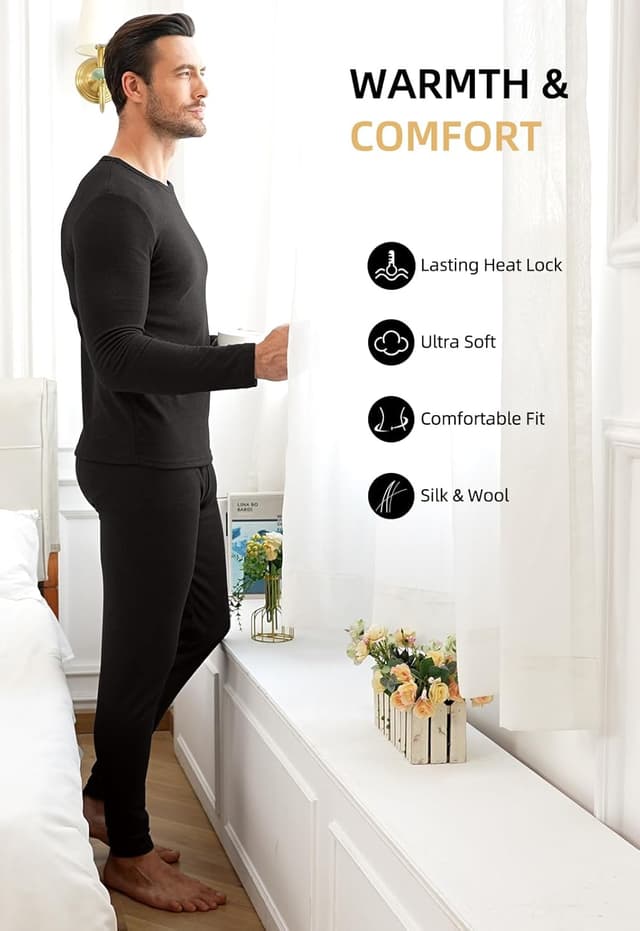 Detalle de Ensemble de sous-vêtements thermiques homme KUYIGO (haut manches longues + caleçon long) en mélange laine, soie et polyester