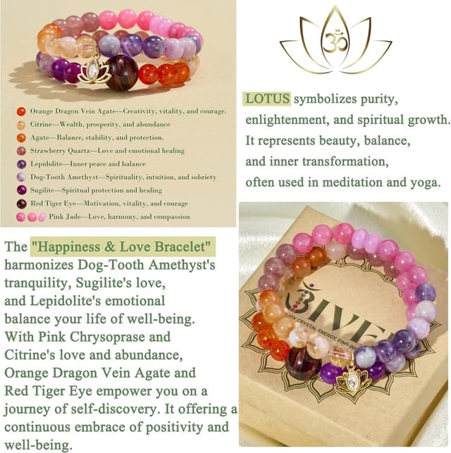 Detalle de Bivei bracciali in pietra naturale con cristallo verde e charm loto, bracciali di perline 8 mm (set) per lei