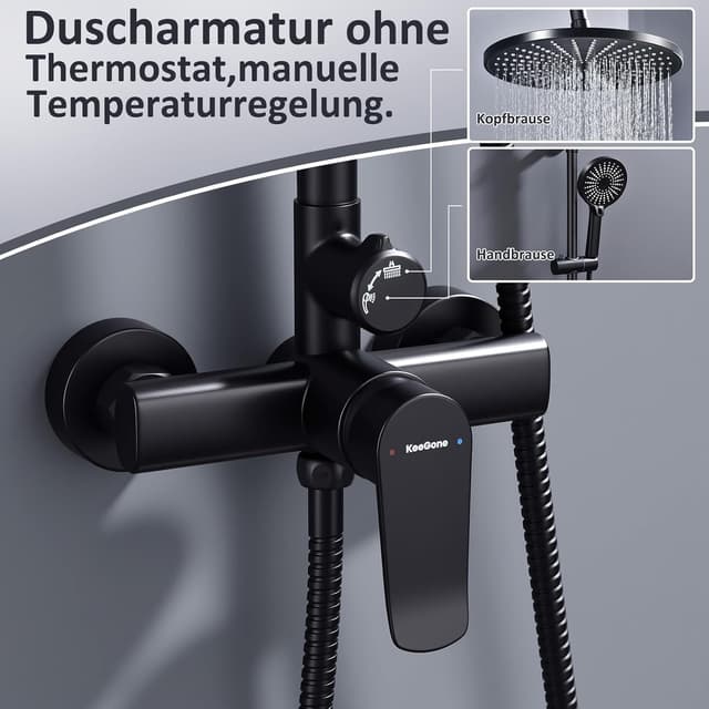 Detalle 2 de Duschsystem mit Armatur – höhenverstellbare Regendusche (26 cm) & 3-funktion Handbrause aus Edelstahl