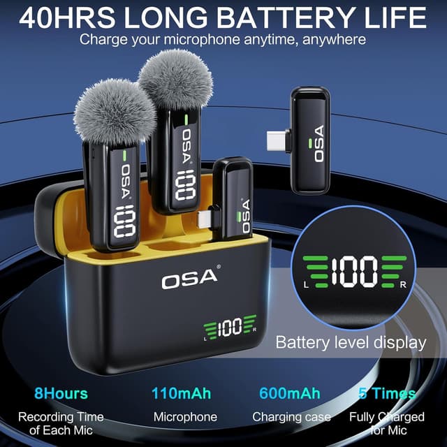 Detalle 2 de OSA Microfono Lavalier Wireless per iPhone/iPad/Android, 2 Pack con display e riduzione del rumore (Bluetooth, plug&play)