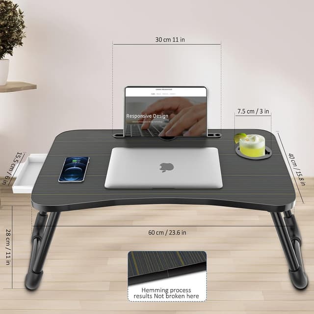 Detalle 2 de Zapuno Foldable Laptop Bed Table with Storage Drawer, Cup Holder & Phone/Tablet Slot (Arc Shape)