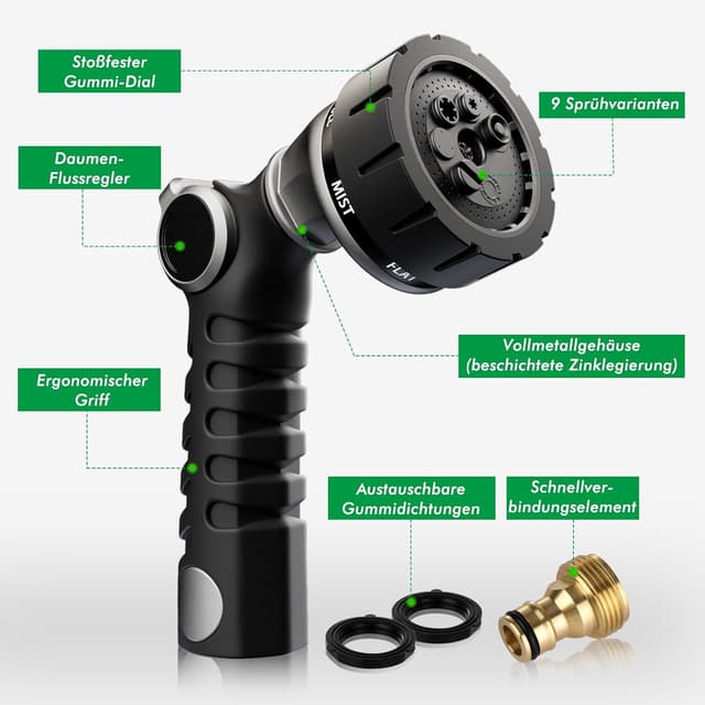 Detalle 2 de RESTMO Gartenbrause Metall Heavy Duty – robuste Hochdruck-Gartenschlauchdüse mit 7 Mustern, Silber