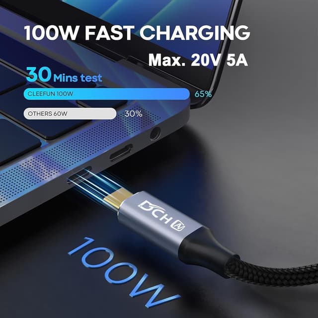 Detalle de DCHAV 1 m USB-C-auf-USB-C Kabel (100 W, 10 Gbit/s, 4K@60 Hz) mit 90-Grad-Stecker