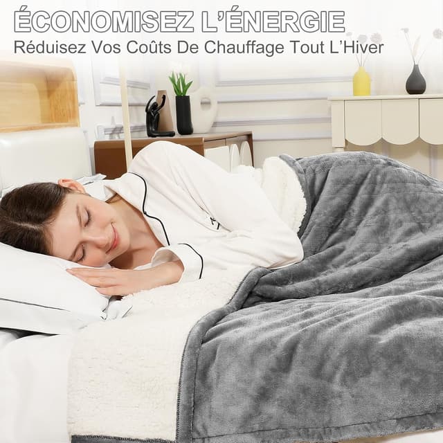 Detalle de COZYTY Couverture chauffante électrique 130×180 cm en flanelle grise (6 réglages, minuterie 10 h)