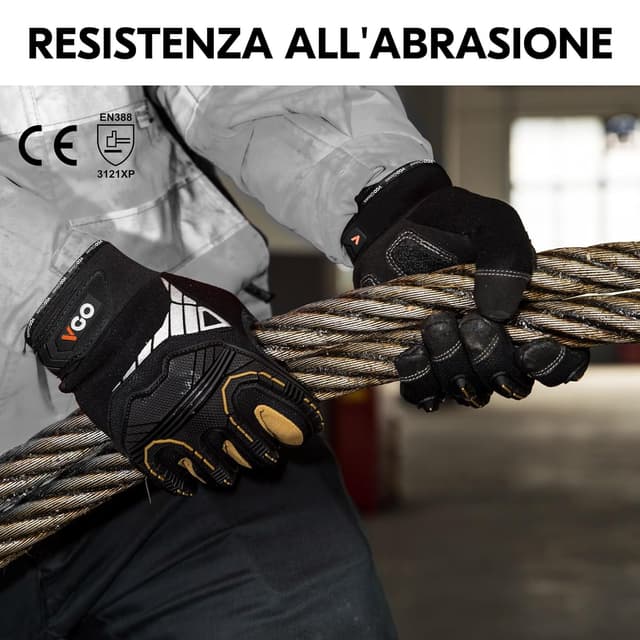 Detalle de Vgo... Guanti da lavoro uomo antivibrazione e antiurto in pelle (1 paio) per edilizia, decespugliatore e lavori pesanti