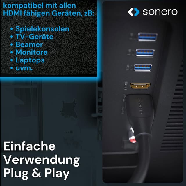 Detalle de Sonero® 4K HDMI Verlängerungskabel (Premium High Speed) – HDMI Stecker auf HDMI Buchse, vergoldete Kontakte, 1 m