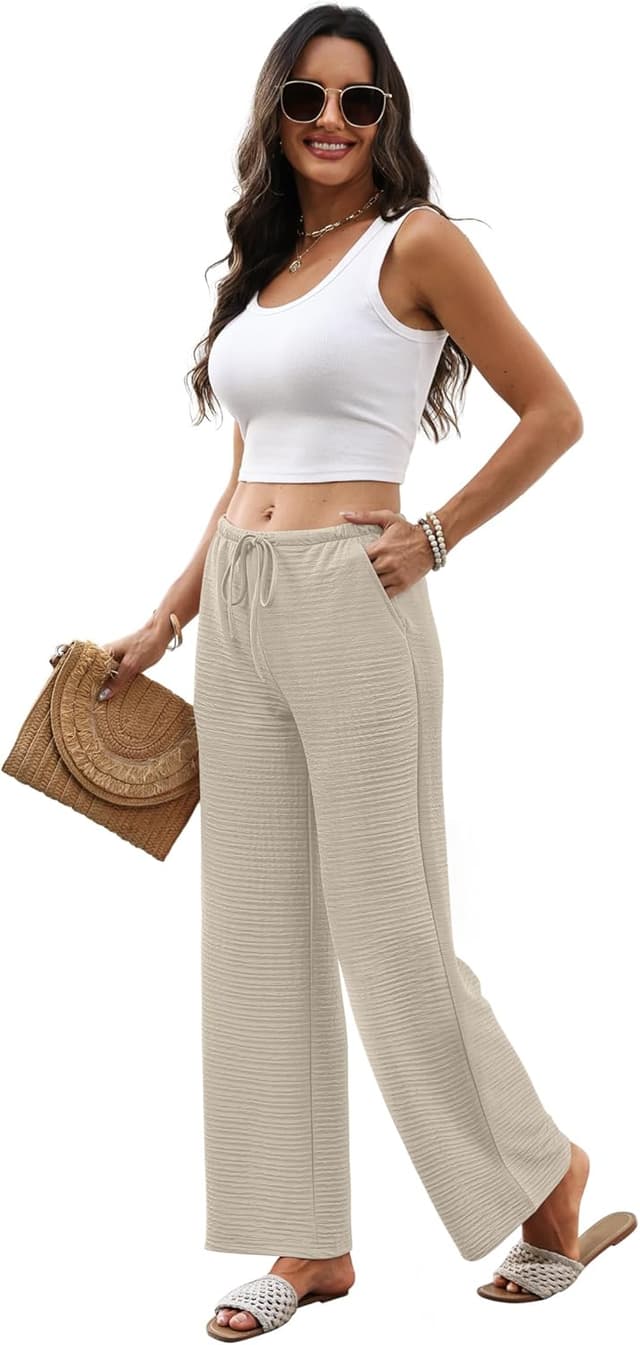 Detalle 2 de SAMPEEL Women’s Wide Leg Palazzo Pants with Drawstring Waist and Pockets