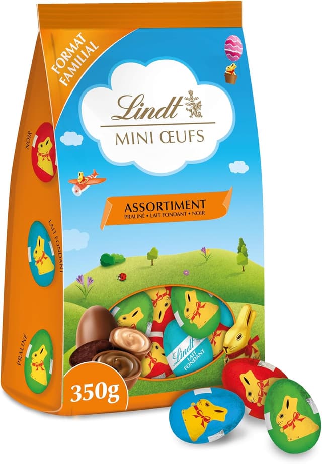 Detalle de Lindt mini œufs Pâques en sachet – assortiment chocolats au lait, pralinés et noirs, 350 g