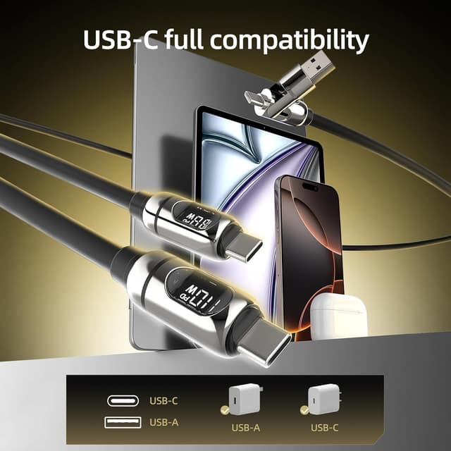 Detalle 2 de MFish 140W Smart 2-in-1 USB-C Charging Cable with LED Power Display (PD 3.1, Split Charging)