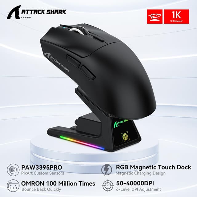 Detalle de ATTACK SHARK X1 Gaming Mouse with Touchpad RGB Charging Dock (PixArt PAW3395PRO, 40000 DPI) – Black