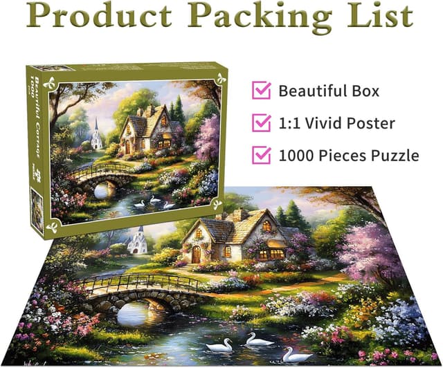 Detalle de Beautiful Cottage 1000-Piece Jigsaw Puzzle for Adults – Quaint Church Scene
