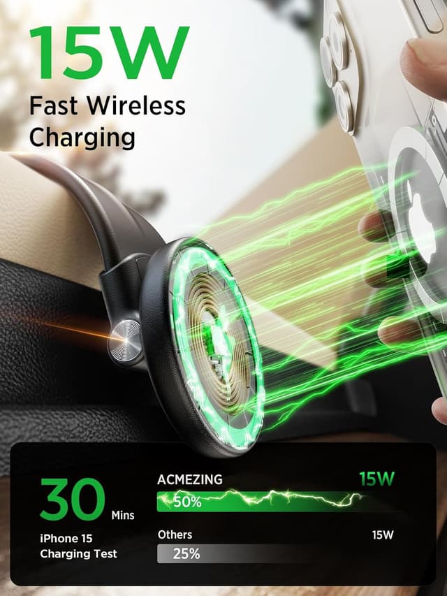 Detalle de ACMEZING 15W MagSafe Car Mount Charger (Magnetic Wireless Fast Charging) — 360° Adjustable Aluminum Arm, Black
