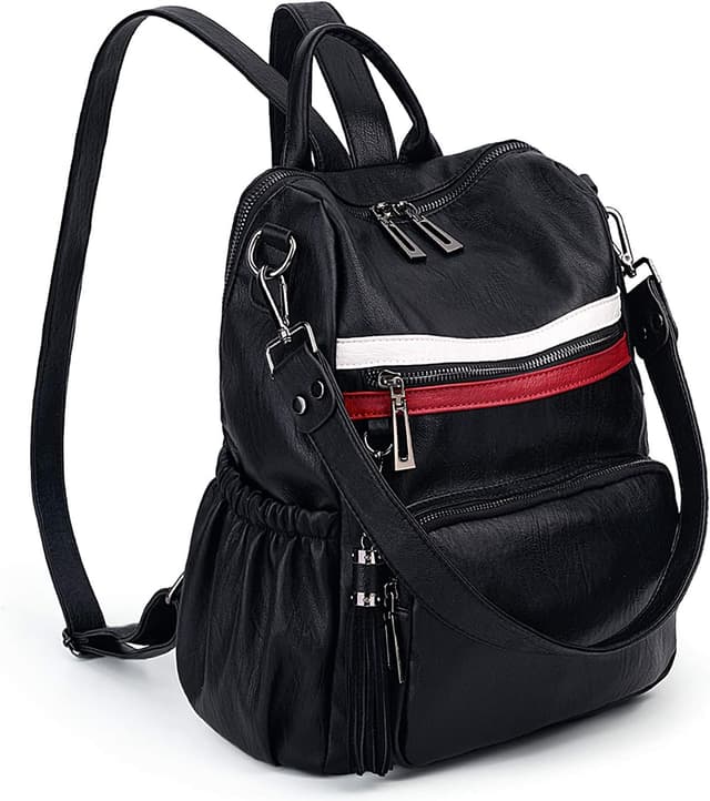 Detalle de UTO Damen Rucksack aus PU Washed Leder – modischer Multifunktionsrucksack mit Doppelreißverschluss und Quastendesign