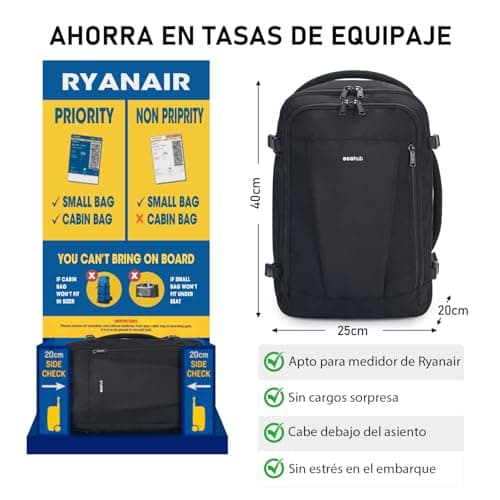 Detalle de ECOHUB Mochila de cabina para avión ECOHUB (40x20x25) Ryanair, 20L y 13 compartimentos, tejido PET reciclado, negra