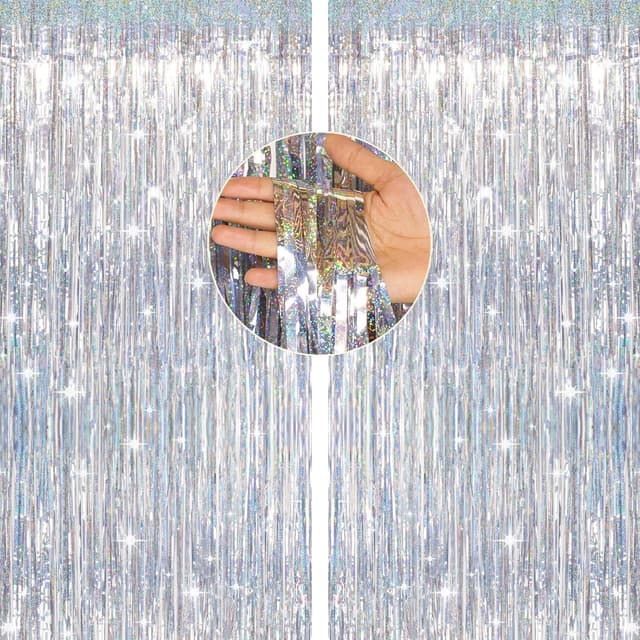 Detalle de jijAcraft Lametta Vorhang Silber Glitzer – Metallic Party Deko, 2 Stück (1 m x 2,5 m)