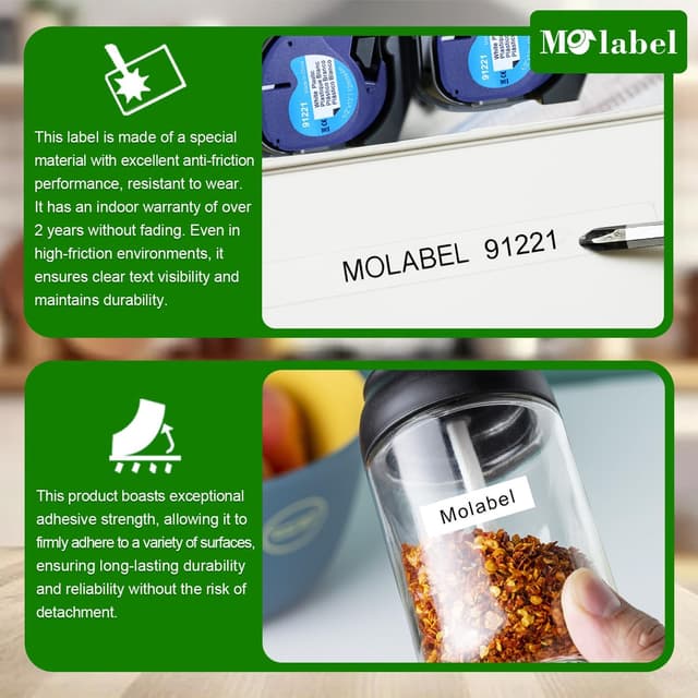 Detalle de Molabel 5er-Pack kompatible Dymo LetraTag Etikettenbänder 91221 – 12 mm x 4 m, schwarz auf weiß