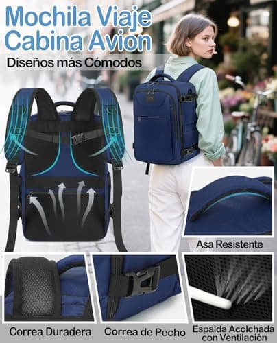 Detalle de LYNXCHER Mochila de cabina para avión 40x20x25 cm (compatible con Ryanair) con espacio para portátil de 14" Azul oscuro