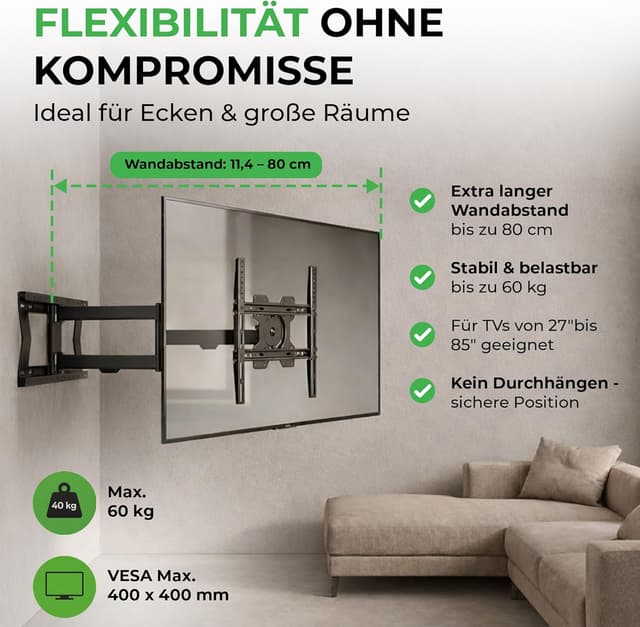 Detalle 2 de XTRARM TiTon Flex TV-Wandhalterung 80 cm – dreh-, neig- & rotierbar bis VESA 400×400 mm