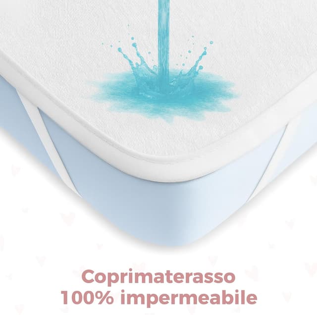 Detalle de Dreamzie set 3 pezzi per culla/neonato: 2 lenzuola in cotone + 1 coprimaterasso impermeabile 55x90 cm