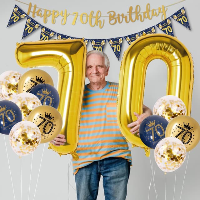 Thumbnail 6 de Blue Gold 70th Birthday Banner & Balloons Set (Navy Blue & Gold) with Triangular Bunting, Foil Balloon, Cake Topper