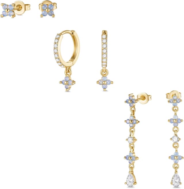 Detalle de Macachii 3 Pairs Sterling Silver Earrings Set (blue flower studs, hoops & huggies)