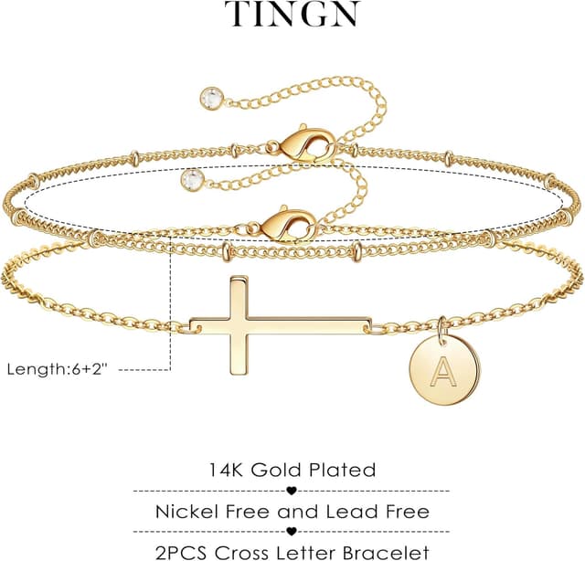 Thumbnail 6 de Bracelet TINGN pour femme en plaqué or 14 carats avec croix et monogramme, personnalisable