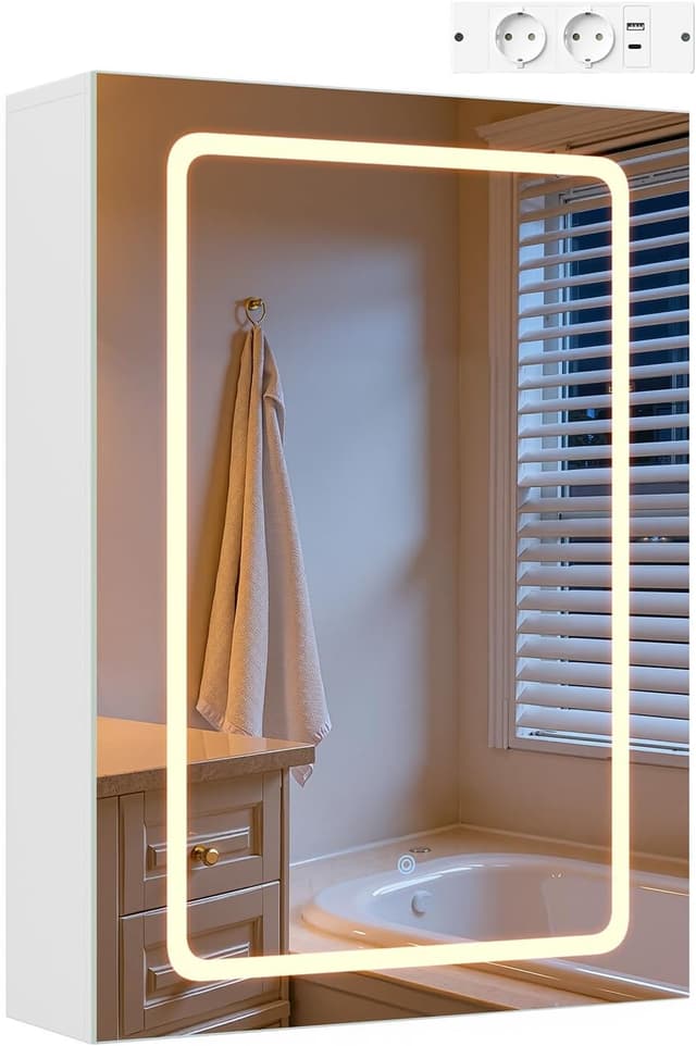 Detalle de EUGAD Spiegelschrank für kleine Badezimmer mit 1 Spiegeltür, 3 Farbtemperaturen & Steckdosen (50 x 70 x 14,5 cm) – Weiß